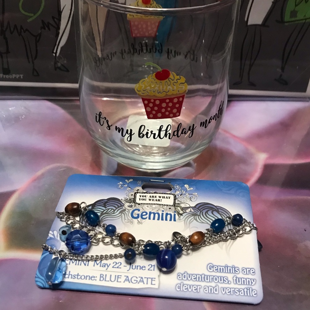 Happy B-Day Gemini: Bracelet & Stemless Wine Glass